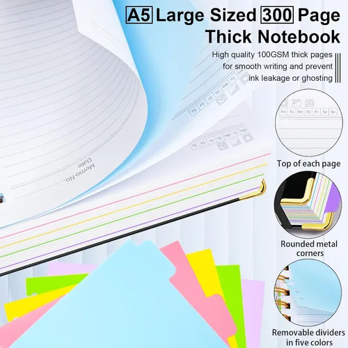 Miniatura 4 de Cuaderno de espiral de tapa dura de 6.2"x 8.2", cuaderno con pestañas y divisores removibles de 300 páginas, cuaderno de 5 divisiones con rayas