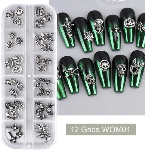 Miniatura 2 de 36 dijes de uñas de Halloween, 12 estilos, plata, forma de calavera, aleación, metal plateado antiguo, decoración de uñas