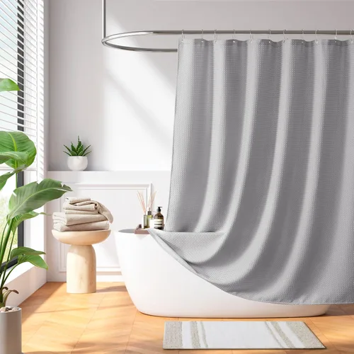 Miniatura 23 de Madison Park Cortina de ducha de tejido waffle con diseño a rayas en piezas, cortina de ducha de tela para baño con gestión de humedad 3M Rayas Taupe