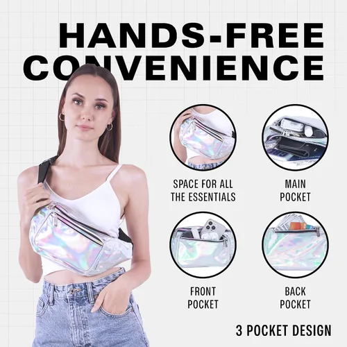 Miniatura 5 de SoJourner Riñonera holográfica para festivales, mujeres, hombres, bonitos bolsos de cinturón de moda, Holográfico - Plata), A-22