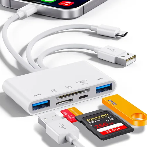 Lector de tarjetas de memoria 5 en 1, adaptador USB OTG y lector de tarjetas SD para i-Phone/i-Pad, dispositivos USB C y USB A con ranuras para