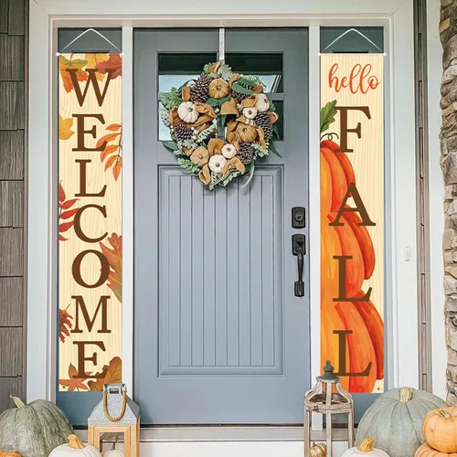 Miniatura 3 de DAZONGE Decoración de otoño, carteles de bienvenida y hola otoño para decoración de cosecha de puerta delantera, carteles colgantes para decoración