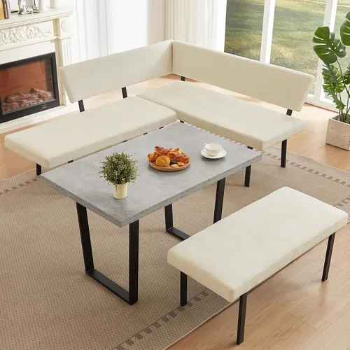 Miniatura 9 de HIPIHOM Moderno banco de comedor en forma de L, sofá esquinero tapizado de tela de 67 pulgadas con patas de metal para rincón de cocina, sala