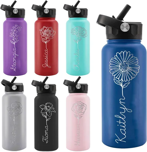 Miniatura 10 de Personalized Water Bottles, Custom Water Bottle with Birth Month Flower Personalized Text Names, Gifts for Women, Customized Engraved Stainless