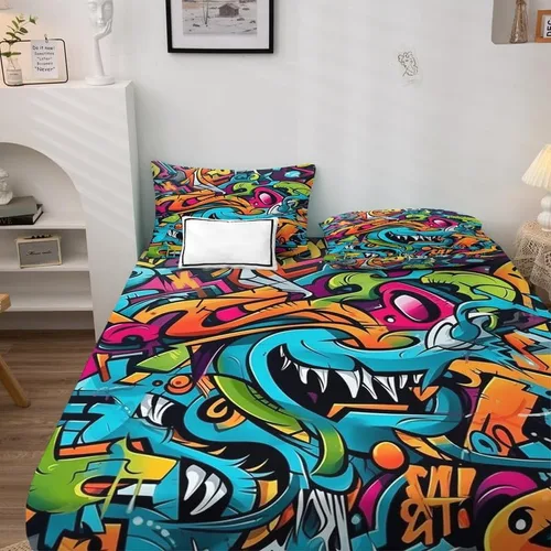Miniatura 3 de Graffiti Sheets - Juego de sábanas tamaño individual, sábanas de microfibra suave, bolsillo profundo, sábanas y fundas de almohada estampadas sin