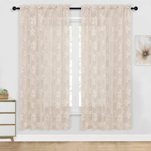 Miniatura 13 de DWCN Paquete de 2 cenefas de encaje floral para cocina, 52 x 18 pulgadas, con bolsillo para barra, cortina de gasa para ventana pequeña, cocina