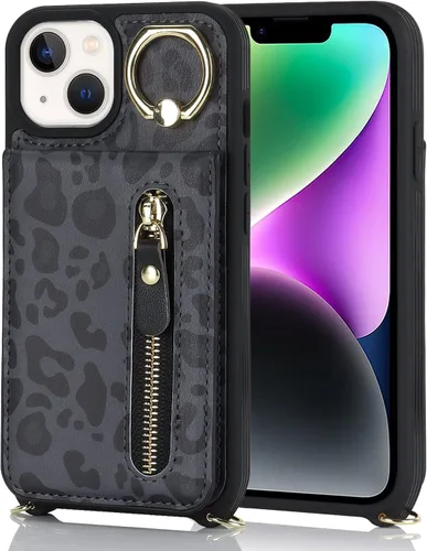 Miniatura 7 de Funda para iPhone 13 mini con tarjetero y correa para mujer, bolsa cruzada con soporte de anillo con cremallera para Apple 13mini, leopardo negro