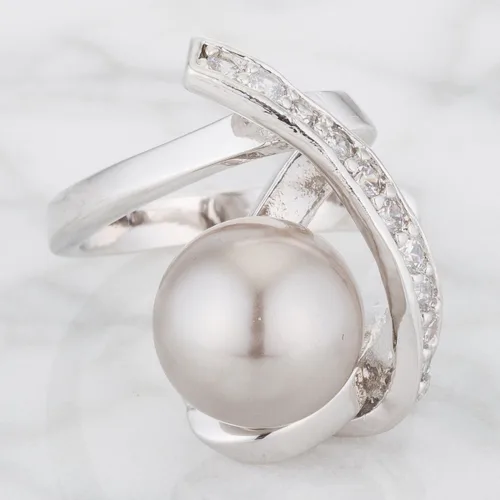 Miniatura 2 de Kate Bissett Genuine Rhodium Plated Ring Knotted with a Dark Grey Simulated Pearl Bordered by Round Cut Cubic Zirconia
