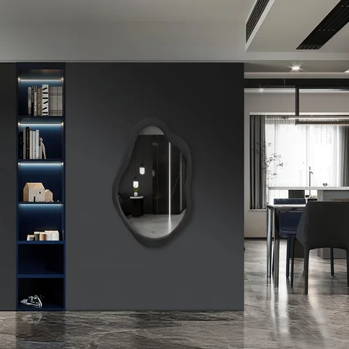 Miniatura 4 de Espejo de pared irregular de 42 x 28 pulgadas, espejo de pared con marco negro de madera, espejo de pared asimétrico ondulado para sala de estar