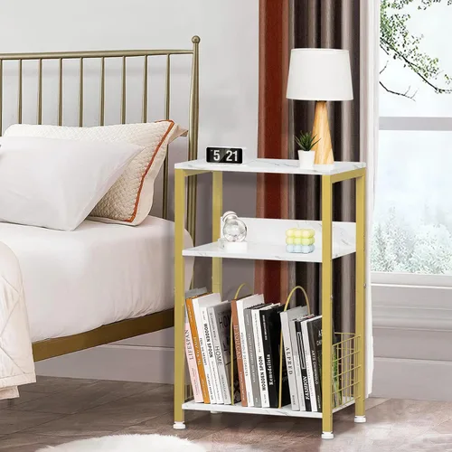 Miniatura 6 de LELELINKY Mesa auxiliar, mesita de noche de mármol blanco con marco de metal dorado, soporte de madera industrial de 3 niveles con estante