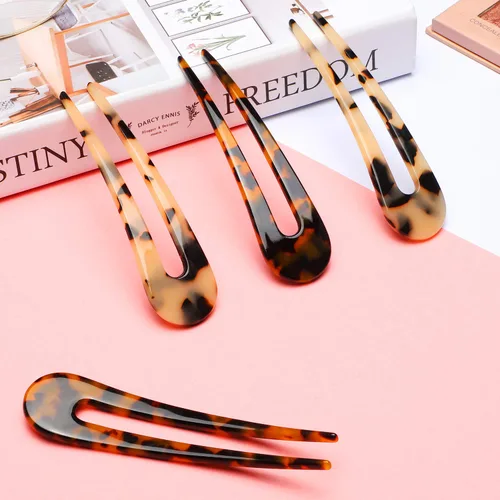 Miniatura 3 de 4 piezas de horquilla francesa en forma de U con dos puntas en forma de U, pinzas para el cabello, pasadores de chignon pin tortuga shell U palillos