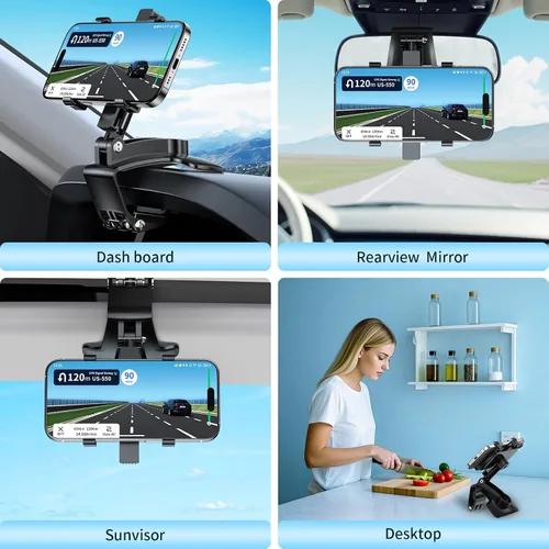 Miniatura 6 de Soporte universal de teléfono para tablero de instrumentos de 360°, soporte giratorio multifuncional para visera/retrovisor para teléfonos de 4 a 7