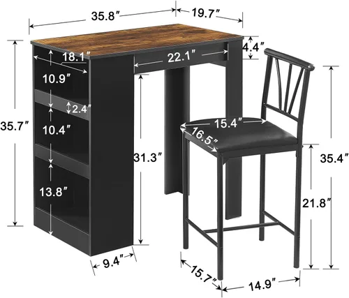 Miniatura 6 de VECELO Mesa de bar pequeña y sillas de cocina alta rincón de desayuno con taburetes/juego de comedor para 2, estantes de almacenamiento, ahorro