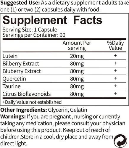 Miniatura 5 de Vision Plus Vitaminas para los ojos con luteína de 20 mg, extracto de arándano y arándano, quercetina, taurina, bioflavonoides cítricos