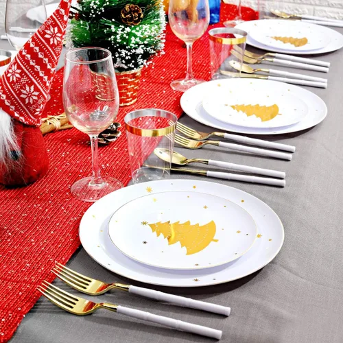 Miniatura 6 de WDF 50 Piezas Platos de Plástico Dorados - Platos de Plástico de Árbol de Navidad - Platos Desechables Pesados Blancos y Dorados para Navidad Oro