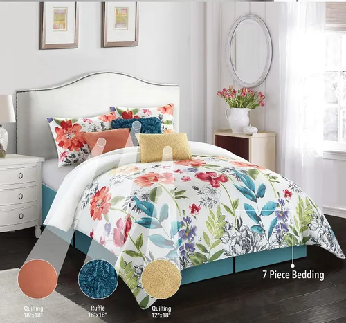 Miniatura 2 de Grand Avenue Juego de edredón de 7 piezas, tamaño California King, edredón con estampado floral, juego de ropa de cama suave a la moda, falda