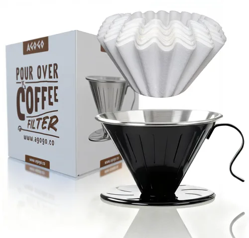 Miniatura 15 de AGOGO Cafetera portátil de goteo V60 - Juego fácil de limpieza compacto gotero de acero inoxidable 304 para acampar y 50 filtros de papel y paño