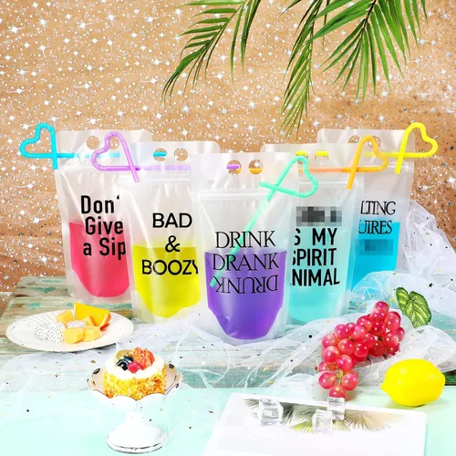 Miniatura 3 de 40 bolsas de bebidas con pajitas, bolsas de plástico para bebidas con cremallera, bolsas de jugo transparentes para fiestas, reutilizables, bolsas