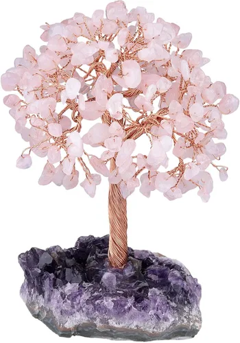 rockcloud Árbol de dinero con piedra de cristal de cuarzo rosa natural con base de racimo de cristal de cuarzo amatista, árbol bonsái, Feng Shui,