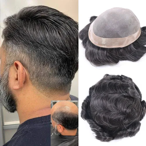 Miniatura 14 de HAPPY&CC Toupee - Piezas de cabello para hombre, sistema europeo de reemplazo de cabello humano de 10 x 8, base mono soldada fina con NPU alrededor