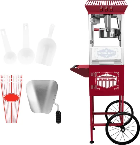 Miniatura 23 de Máquina de palomitas de maíz con carrito, con ruedas, cuchara de aceite de acero inoxidable, carrito móvil con taquillas para cine en casa Negro