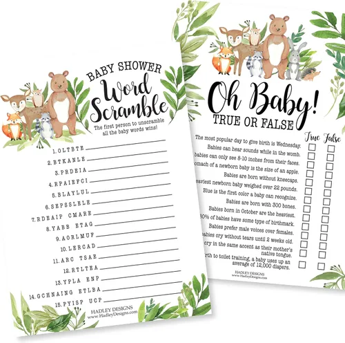 Hadley Designs Juegos de baby shower para 25 invitados – Woodland Baby Shower Juego de palabras Scramble, verdadero o falso, juego de baby shower