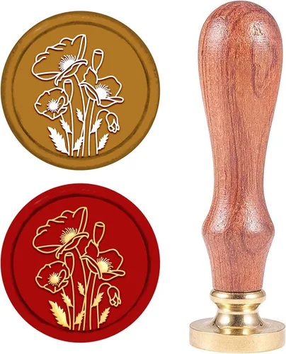 CRASPIRE Sello de cera con diseño de amapola de 0.98 pulgadas (0.984 in), diseño de flores extraíbles de latón con mango de madera para Halloween,