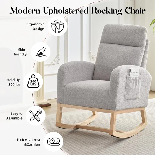 Miniatura 4 de Mecedora para guardería, moderna mecedora tapizada con bolsillo lateral, respaldo alto, asiento acolchado para sala de estar, guardería, dormitorio