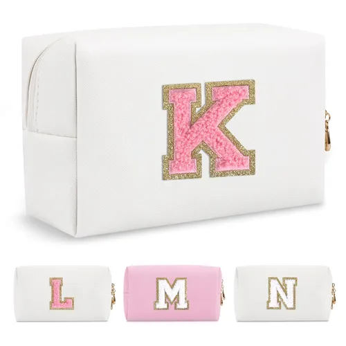 Miniatura 143 de Pequeña bolsa de maquillaje personalizada con inicial A-Z Preppy Patch, bolsa de cosméticos de viaje de felpilla blanca con cremallera, bonita bolsa