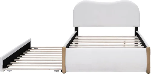 Miniatura 7 de SOFTSEA Cama de plataforma de tamaño matrimonial con nido, cama matrimonial tapizada con cabecero curvado para niños, adolescentes, invitados, tela