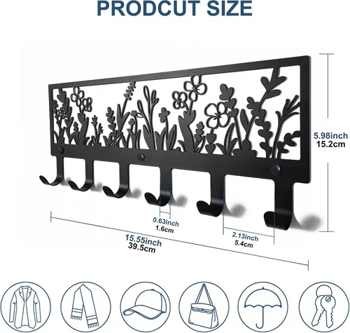 Miniatura 2 de Perchero floral montado en la pared con 6 ganchos colgador decorativo de metal negro para abrigos, sombreros, bolsos, llaves, toallas - Ideal