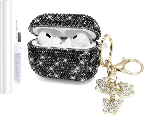 Funda compatible con AirPods Pro 2 2022, funda rígida de TPU con diamante brillante para AirPods Pro de 2ª/1ª generación con llavero de mariposa