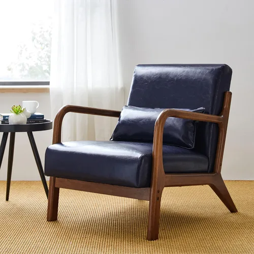 Miniatura 12 de Glitzhome Sillón Accent de mediados de siglo en verde cazador, sillón de lectura individual de cuero PU con marco de nogal y ruberwood Pu verde.