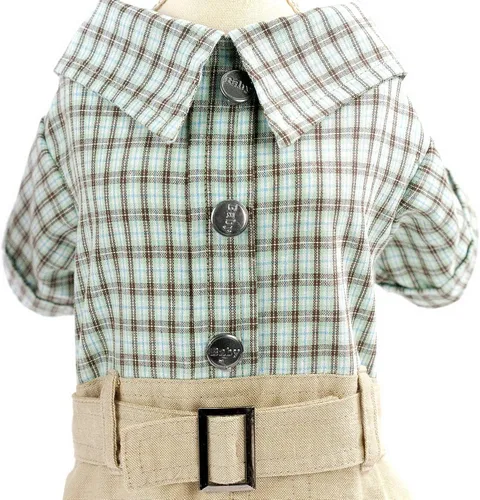 Miniatura 7 de SMALLLEE_Lucky_Store Camisas de algodón a cuadros británicos con botones para perros pequeños, niños con cinturón, pantalones casuales para Verde
