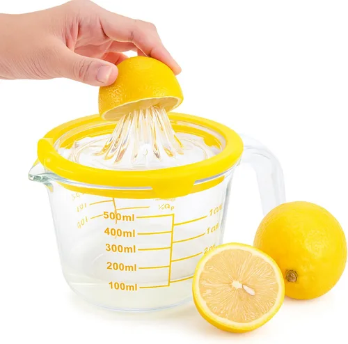 Cartman Exprimidor de naranja limón cítrico de vidrio, exprimidor manual amarillo, escariador de cítricos de vidrio, exprimidor manual de limón y