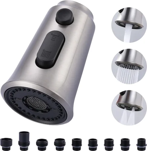 WOWOW Cabezal de repuesto para grifo de cocina, cabezal rociador de grifo extraíble de 3 funciones con 9 adaptadores, boquilla rociadora de cocina