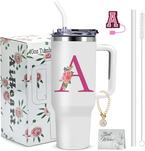 Miniatura 10 de Regalos de cumpleaños para mujeres, vaso con monograma con asa, regalos personalizados para mamá, regalo con monograma para mujer, vasos