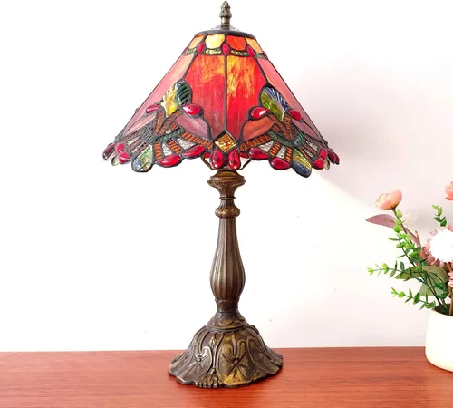 Miniatura 7 de Tiffany - Lámpara de mesa de estilo barroco rojo, lámpara de vitrales de 12 x 12 x 19 pulgadas, lámpara antigua para oficina, hogar, dormitorio