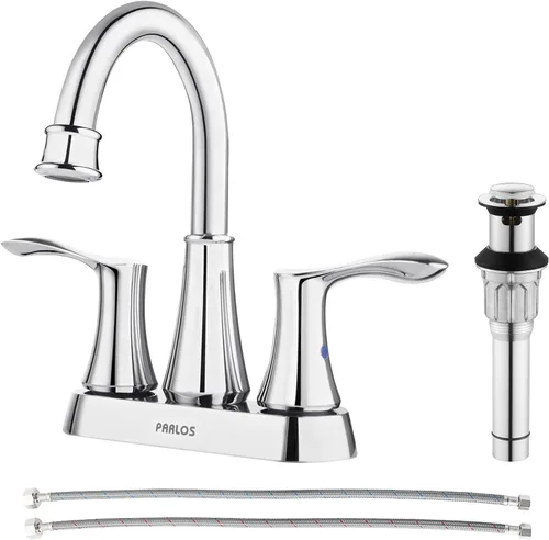PARLOS - Grifo de fregadero de baño de 2 manijas con boquilla giratoria y desagüe desplegable de metal y líneas de suministro para llave, cromado,