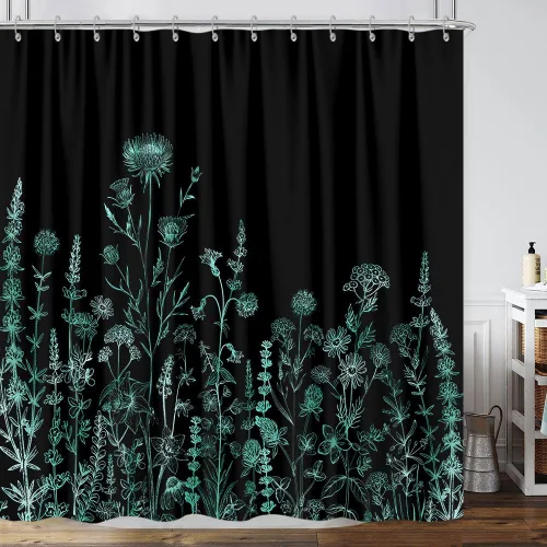 Miniatura 9 de Cortina de ducha de mariposa floral negra y dorada, cortina de ducha bohemia con diseño botánico de flores oscuras para baño con gancho, juego