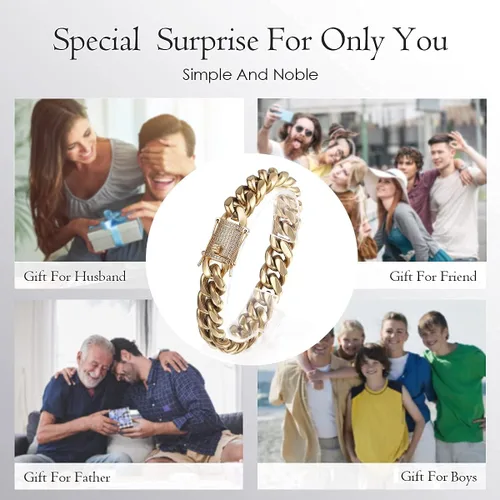 Miniatura 4 de PY BLING Heavy Stainless Steel Miami Cuban Link Bracelet 8mm-16mm 14k Real Gold Plated with Lab Diamond Clasp Premium Hip Hop Jewelry For Men Women