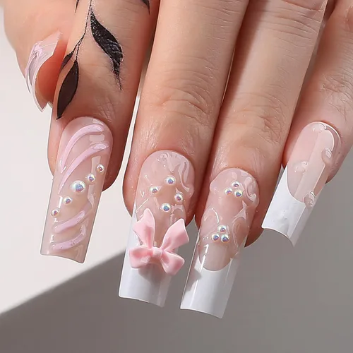Miniatura 13 de Uñas postizas largas a presión, cuadradas, francesas, nude, rosa, lazo de lujo y diamantes de imitación de flores 3D, 24 unidades, uñas brillantes