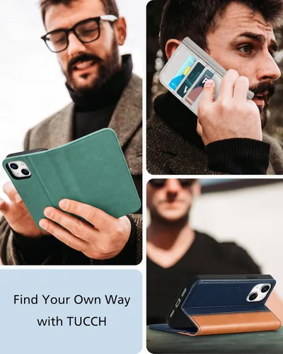 Miniatura 9 de TUCCH Funda tipo cartera para iPhone 13 5G, de piel sintética, con 3 ranuras para tarjetas, diseño de libro con soporte, funda interior de TPU a