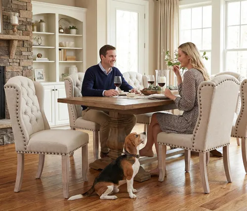 Miniatura 5 de DUOMAY Juego de 2 sillas de comedor modernas copetudas, sillas de comedor tapizadas de lino, sillas auxiliares sin brazos para cocina, comedor, Beige