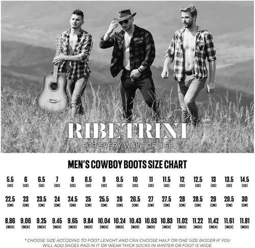Miniatura 6 de RIBETRINI Botas vaqueras bordadas para hombre, botas vaqueras duraderas con punta cuadrada, tacón grueso, plataforma de piel sintética, botas