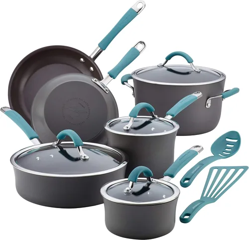 Miniatura 2 de Rachael Ray Cucina - Juego de ollas y sartenes antiadherentes anodizadas duras, 12 piezas, gris con asas azules y cacerola antiadherente anodizada