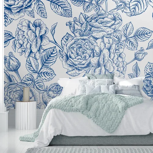 EGD Papel tapiz azul floral, decoración de habitación para despegar y pegar, papel tapiz autoadhesivo, decoración de papel de pared para sala de