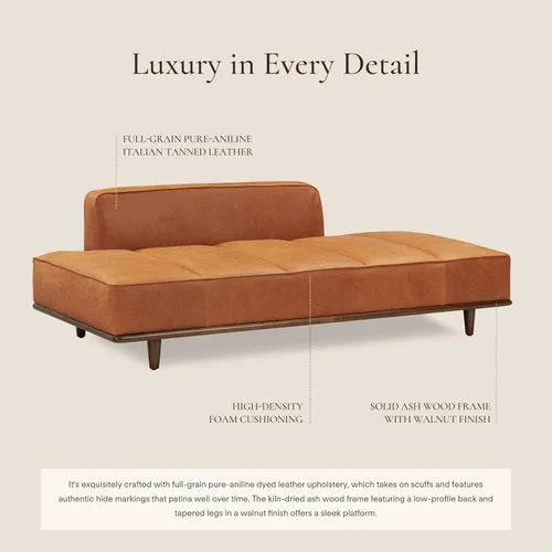 Miniatura 4 de Poly & Bark Jasper Daybed – Cognac Tan – Tapicería de cuero puro de anilina de grano completo – Marco de madera de fresno teñido de nuez, 6.6 pies