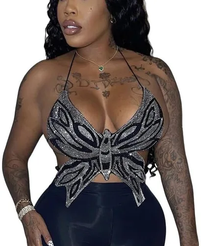 Miniatura 2 de Formery Sujetador sexy con diamantes de imitación Y2K para mujer, camiseta sin mangas negra con mariposa, discoteca, fiesta, festival, tops cortos