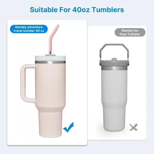 Miniatura 2 de Popote de metal con punta de silicona para vaso Stanley de 40 onzas, 2 popotes de acero inoxidable de repuesto para vaso térmico de viaje Stanley